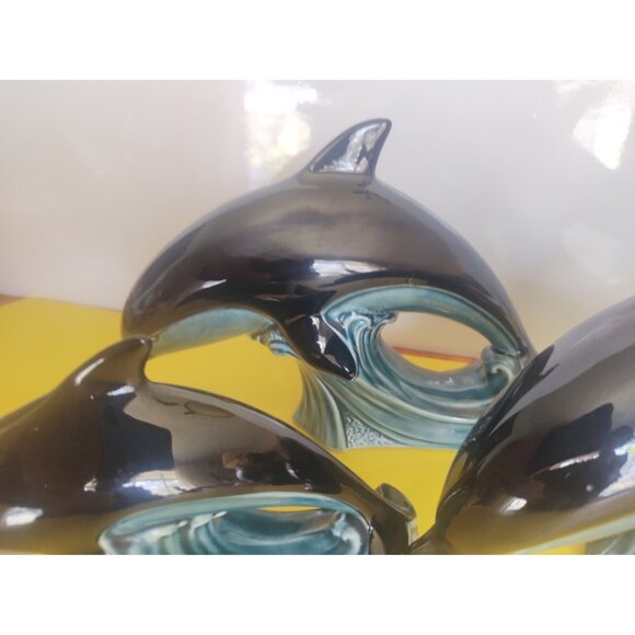 Poole England Pottery Set of 3 Dolphin Figurines Blue & Black 2 - 9" 1 - 6" - Picture 3 of 14
